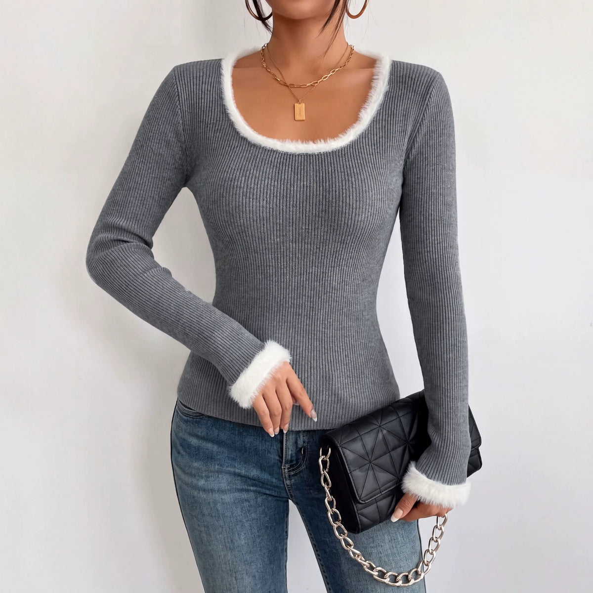 Women's Ribbed Faux Fur Trim Sweater Fitted Long Sleeve