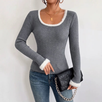 Women's Ribbed Faux Fur Trim Sweater Fitted Long Sleeve