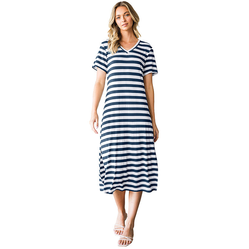 Black Stripe V Neck T Shirt Maxi Dress with Side Slit
