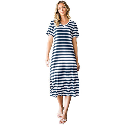 Black Stripe V Neck T Shirt Maxi Dress with Side Slit