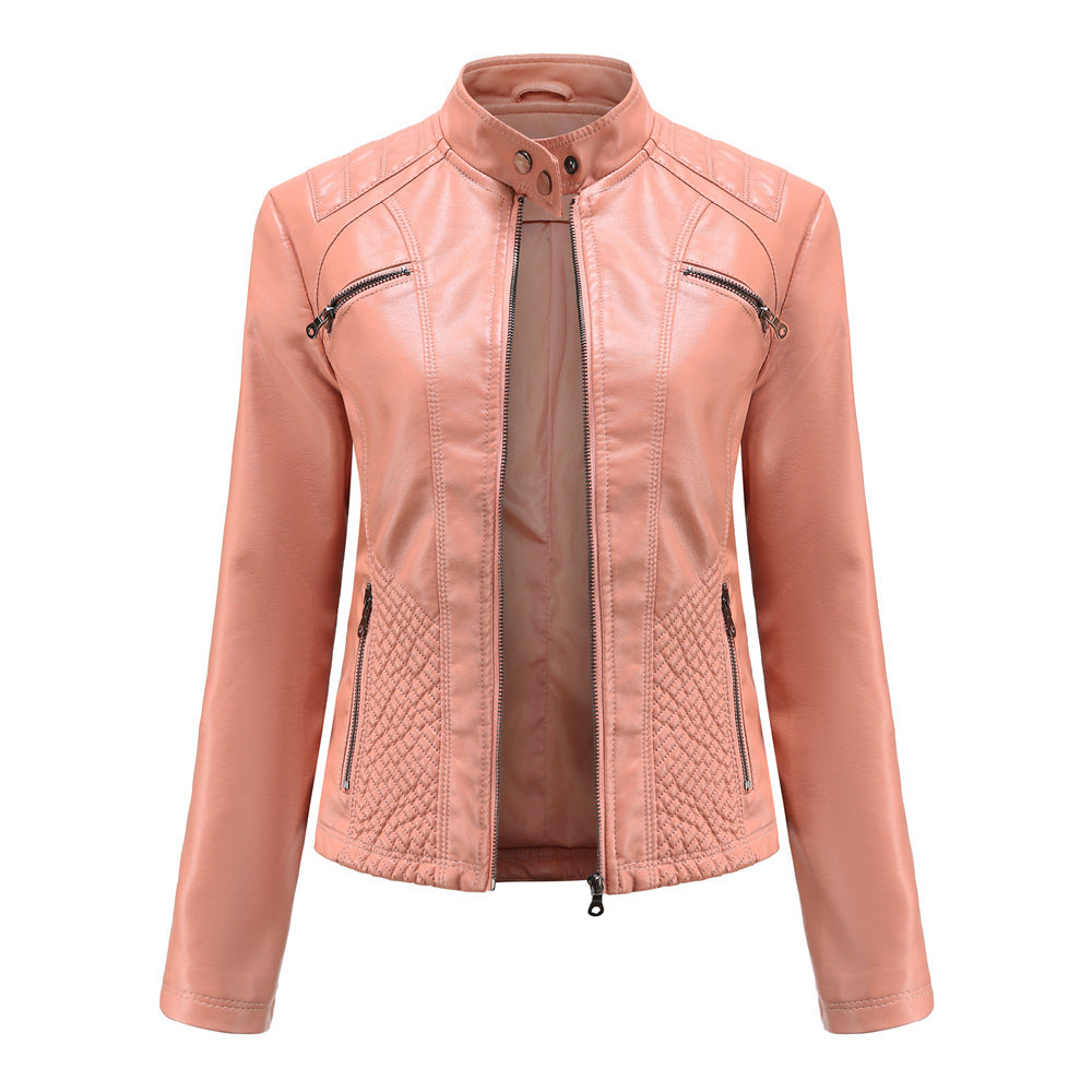 Women's Quilted Faux Leather Moto Jacket Zip Slim Fit