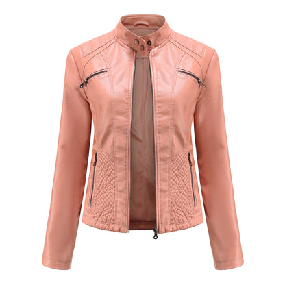 Women's Quilted Faux Leather Moto Jacket Zip Slim Fit