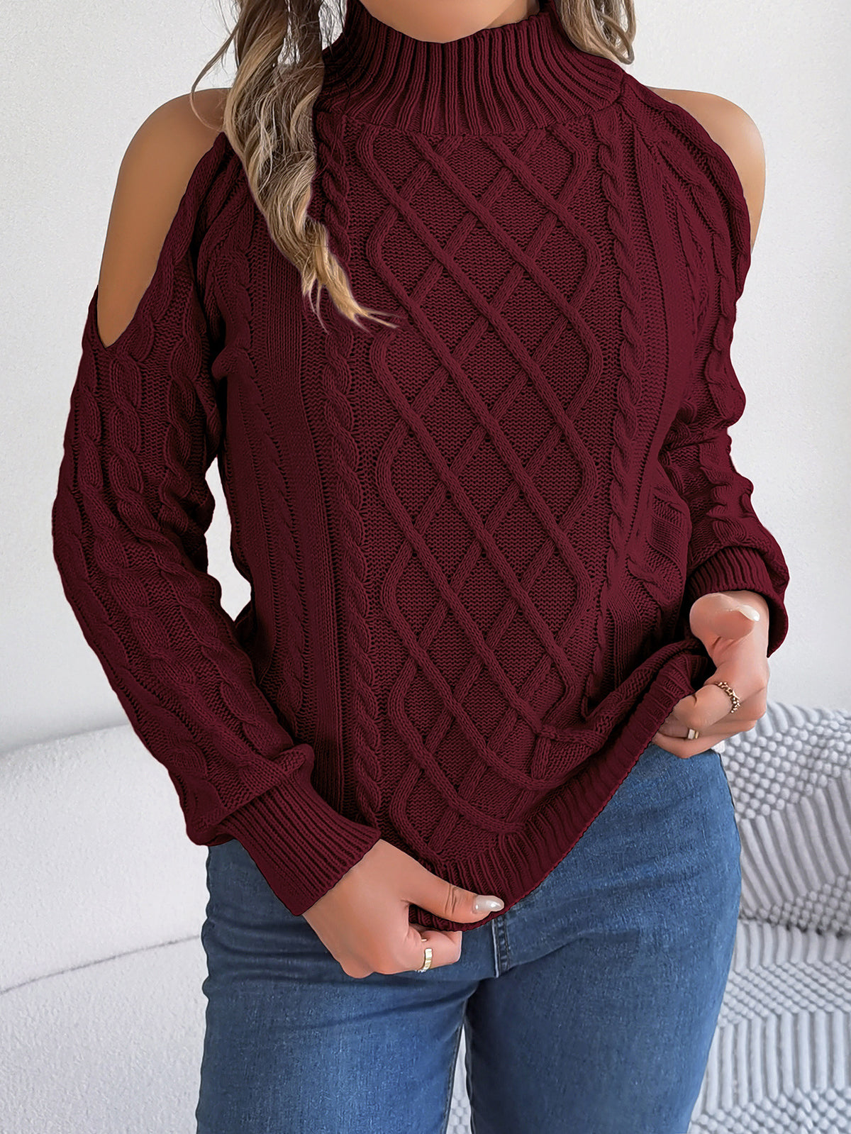 Women's Cold Shoulder Cable Knit Mock Neck Sweater