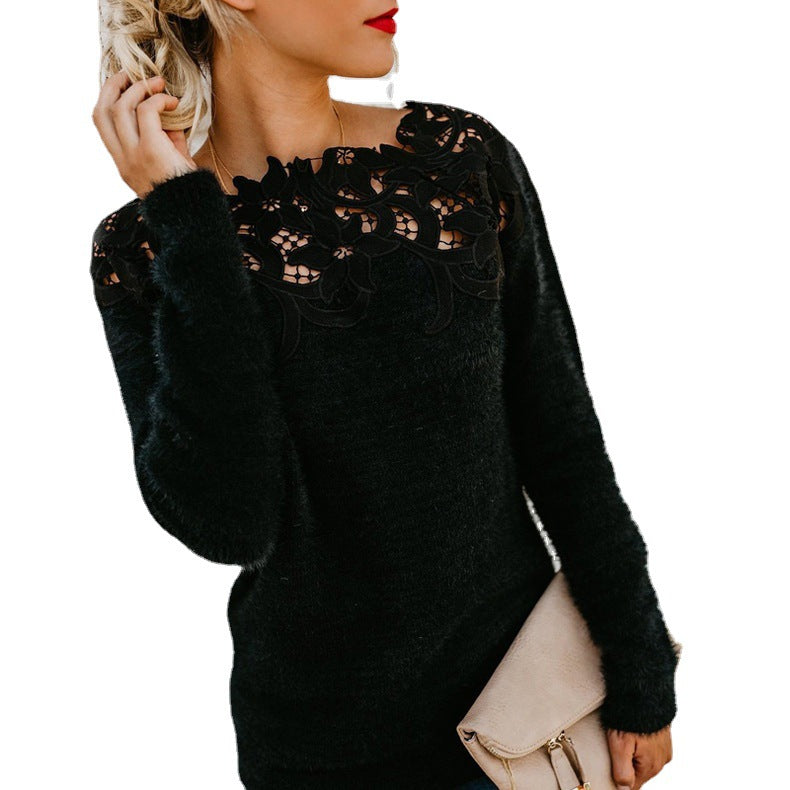 Off Shoulder Lace Fuzzy Sweater Long Sleeve Plus Size