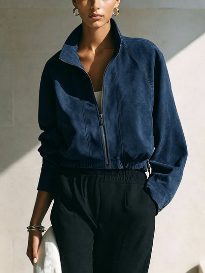 Women's Vintage Faux Suede Zip Up Bomber Jacket