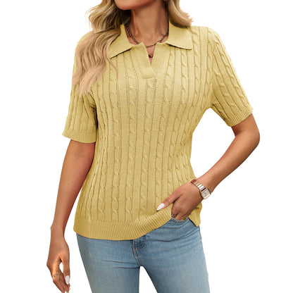 V-neck Twisted Knit Jumper, Short-Sleeve Lapel Sweater