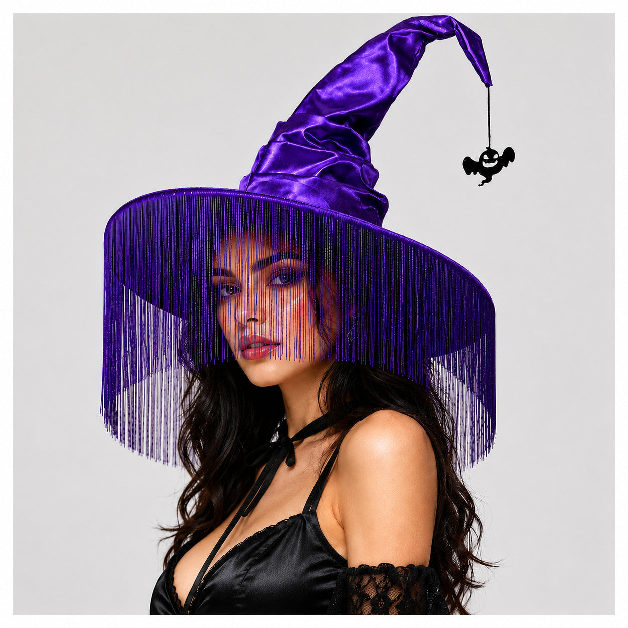 Fringe Witch Hat with Wide Brim for Halloween Costumes