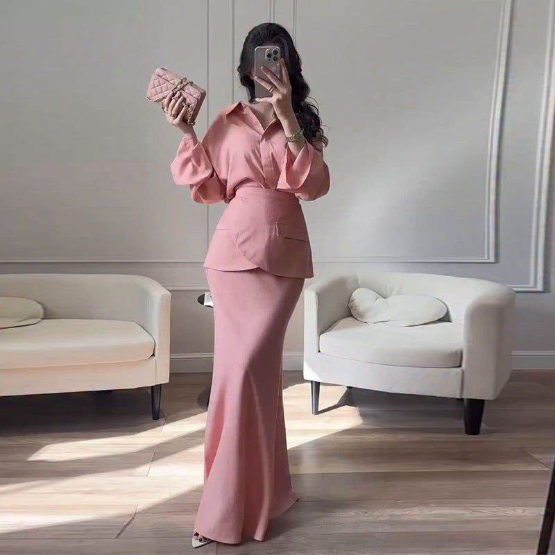 Women's Elegant Collared Long Sleeve 3 Piece Maxi Skirt Set
