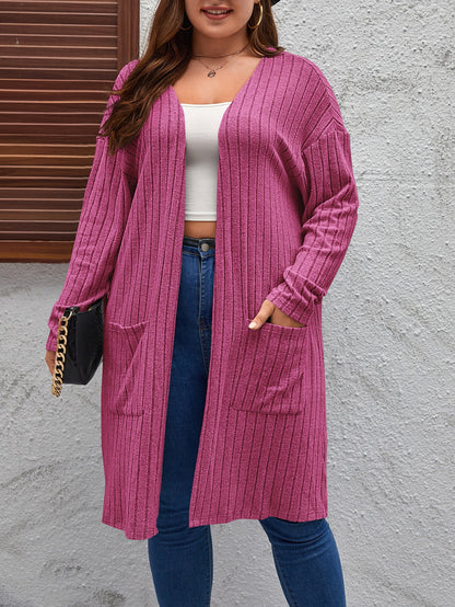 Plus Size Open Front Long Cardigan Ribbed Knit Pockets