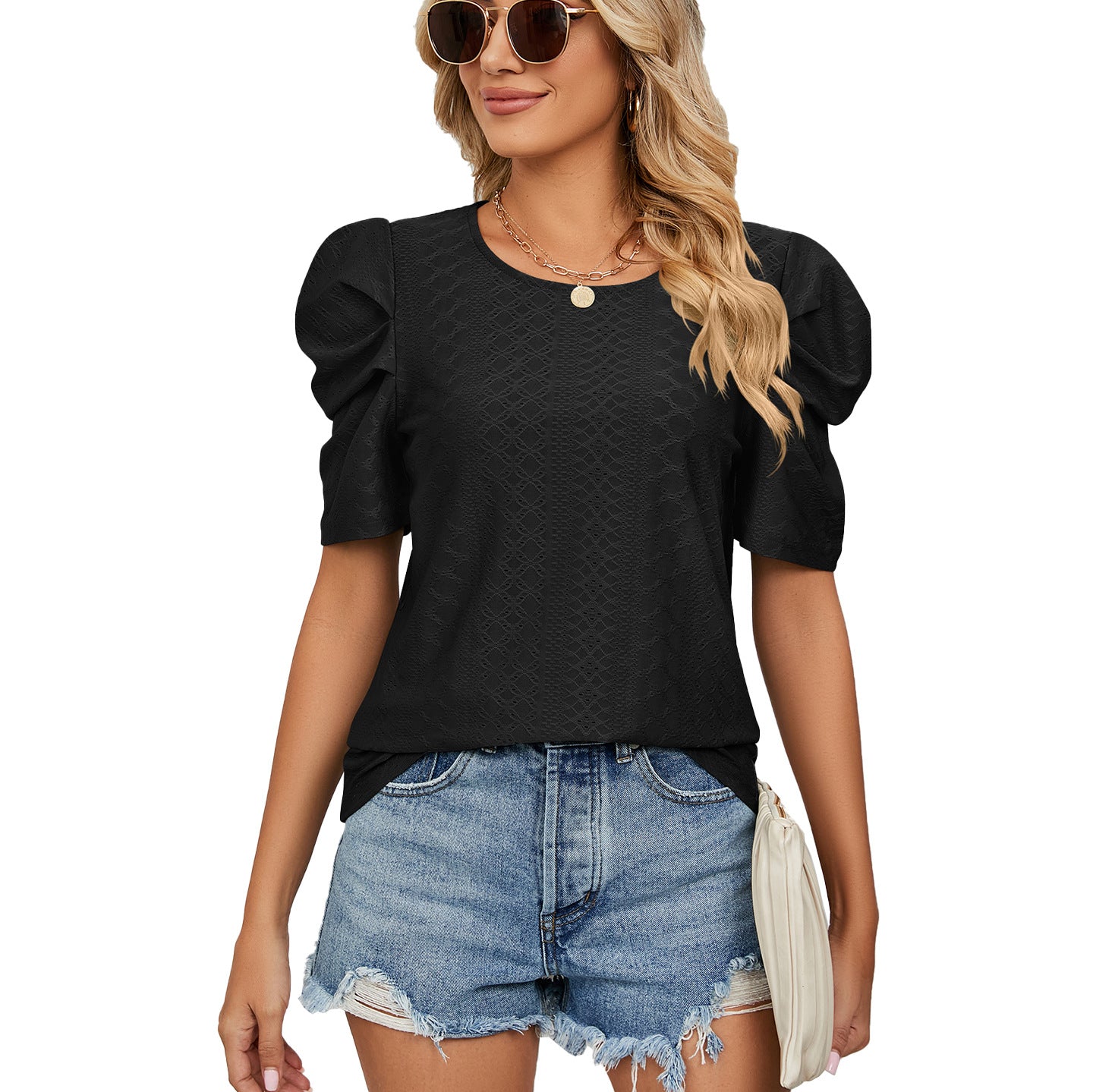 Textured Puff Sleeve Knit Top with Crew Neck