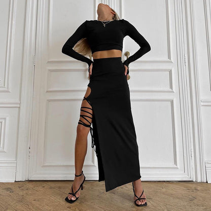 Two Piece Crop Top and Strappy Cut Out Maxi Skirt Set