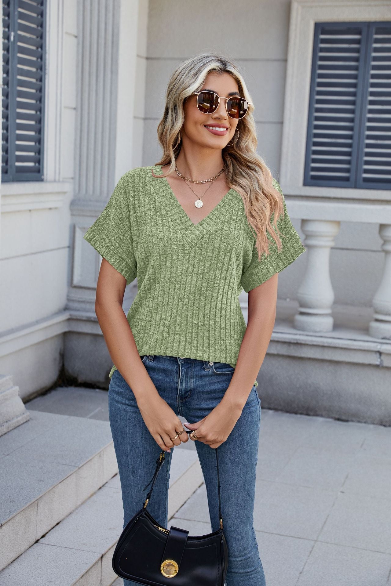 Solid Ribbed Knit Top V Neck Short Sleeve Casual Tee