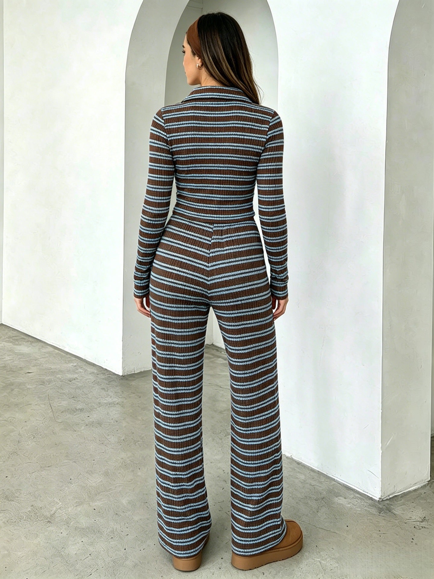 Striped Colorblock Collar Long Sleeve Top & Pants Set