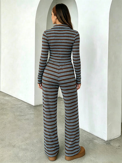 Striped Colorblock Collar Long Sleeve Top & Pants Set
