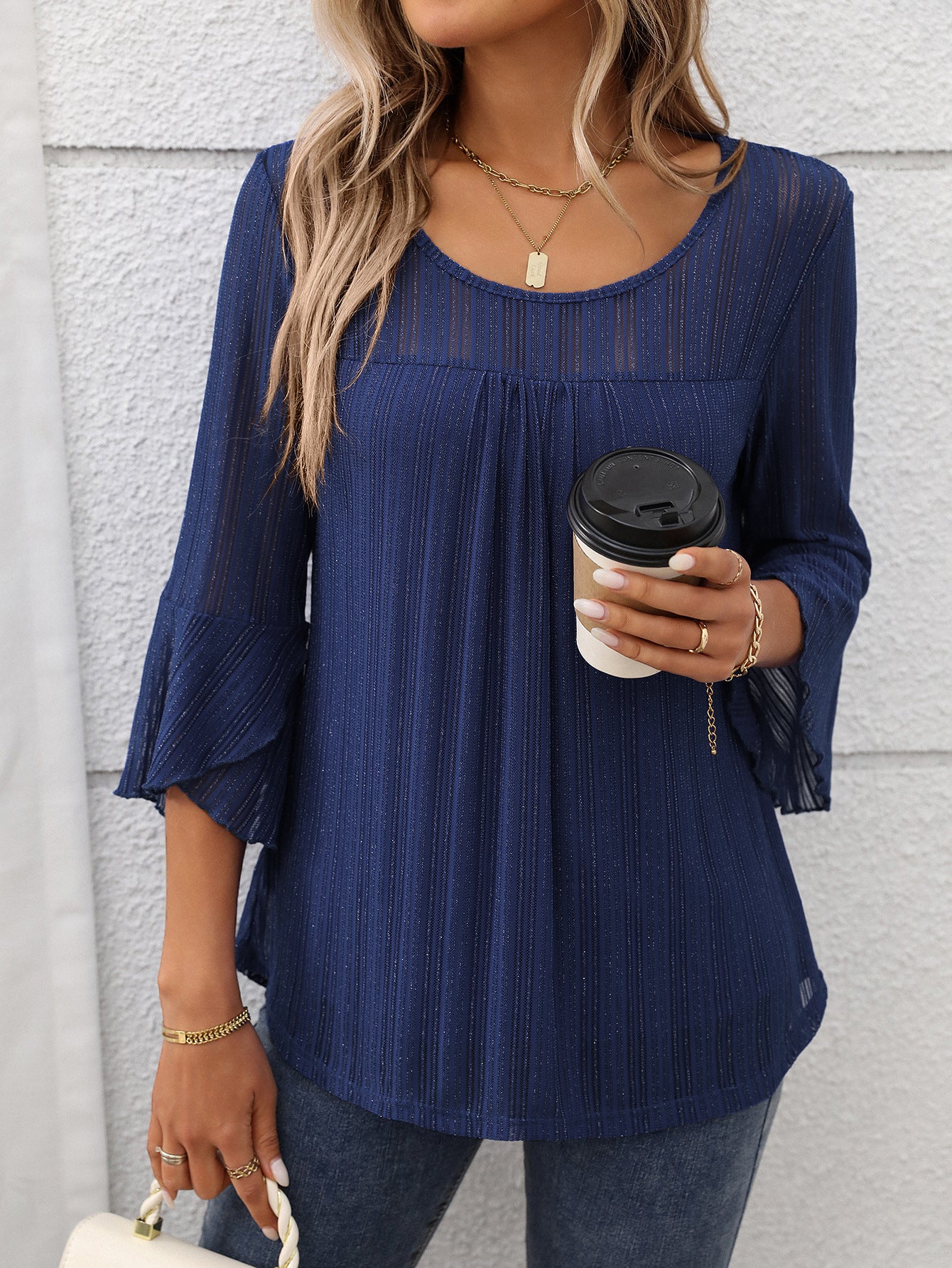 Elegant Round Neck Lotus Leaf Sleeve Mesh Top