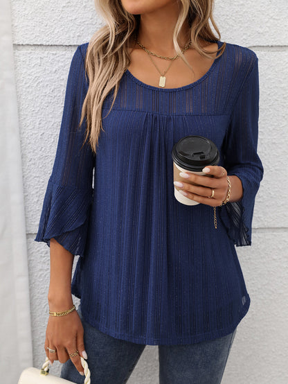 Elegant Round Neck Lotus Leaf Sleeve Mesh Top