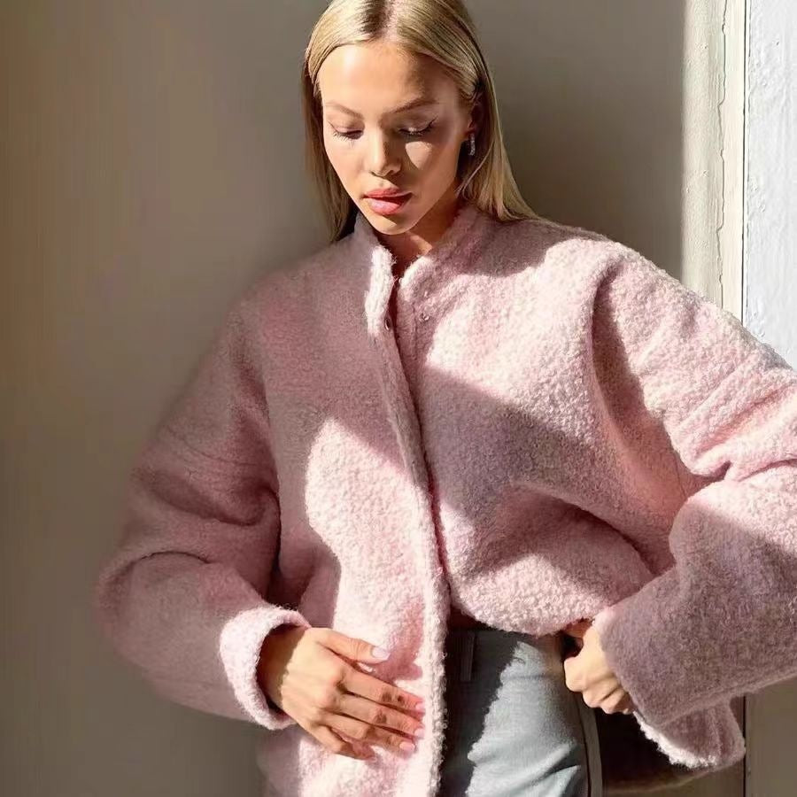 Women's Pink Cropped Sherpa Fleece Jacket Winter Coat