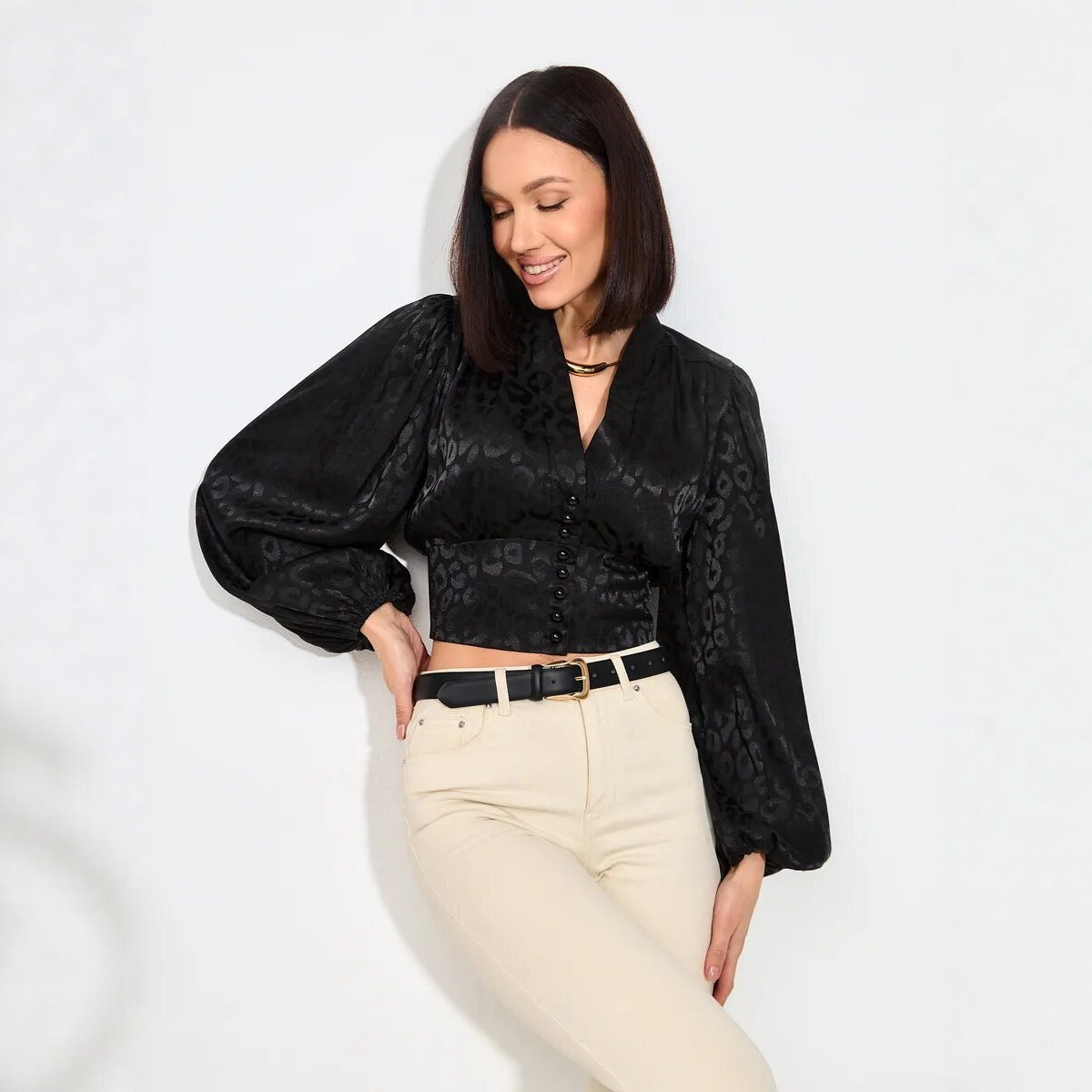 Women's Leopard Jacquard V-Neck Balloon Sleeve Blouse