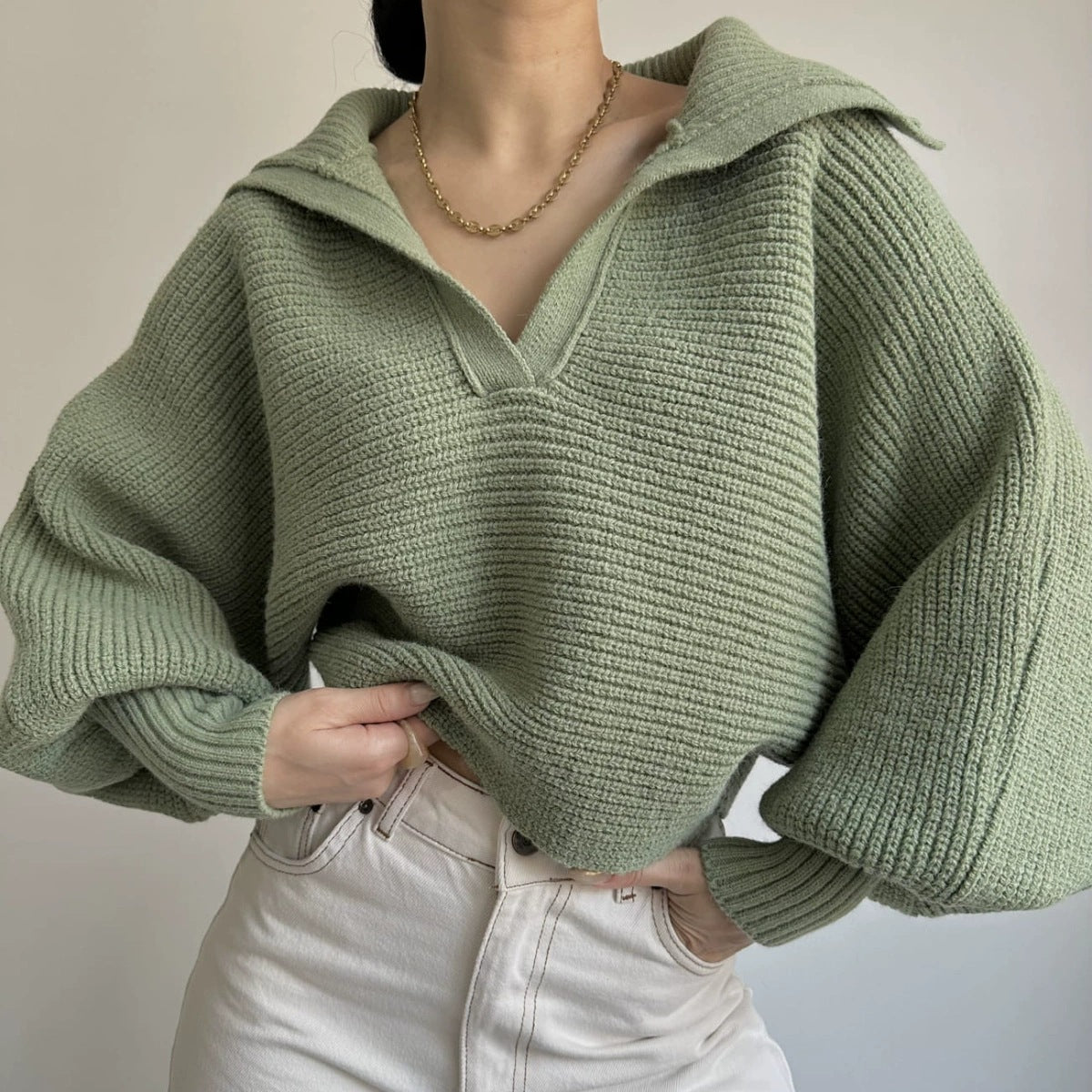 Womens Collared V Neck Ribbed Knit Sweater