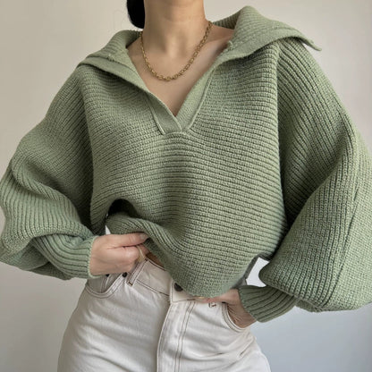 Womens Collared V Neck Ribbed Knit Sweater