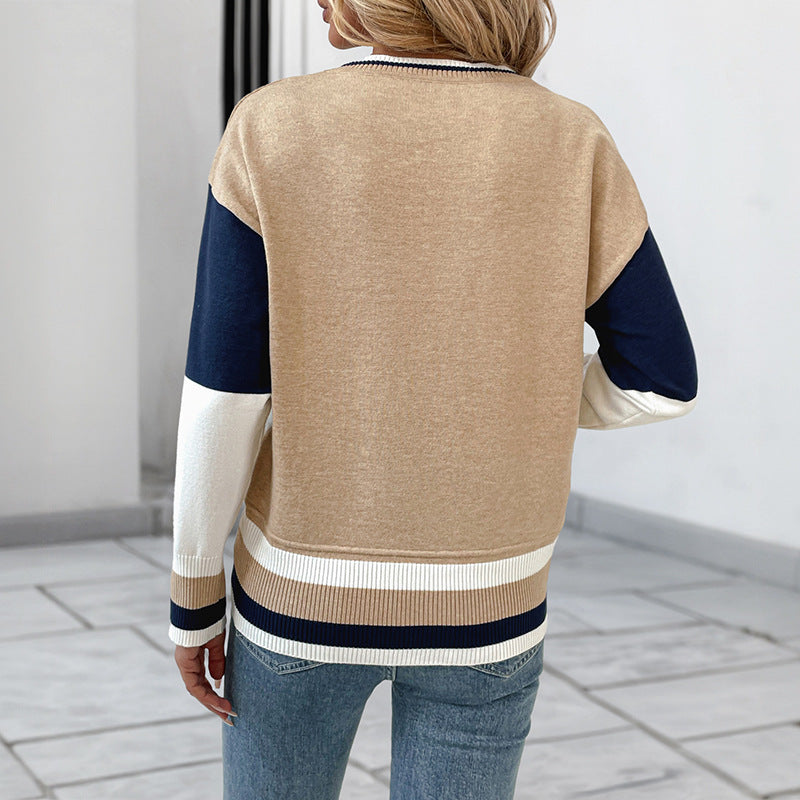 Color Block Patchwork Crew Neck Knit Sweater