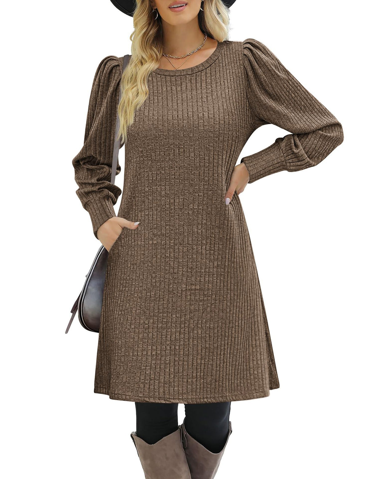 Women's Puff Sleeve Ribbed Knit Sweater Dress with Pockets