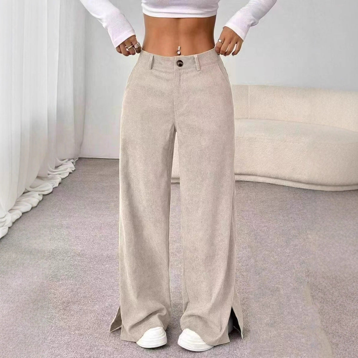 Women's Corduroy Wide Leg Pants Split Hem Casual Trousers