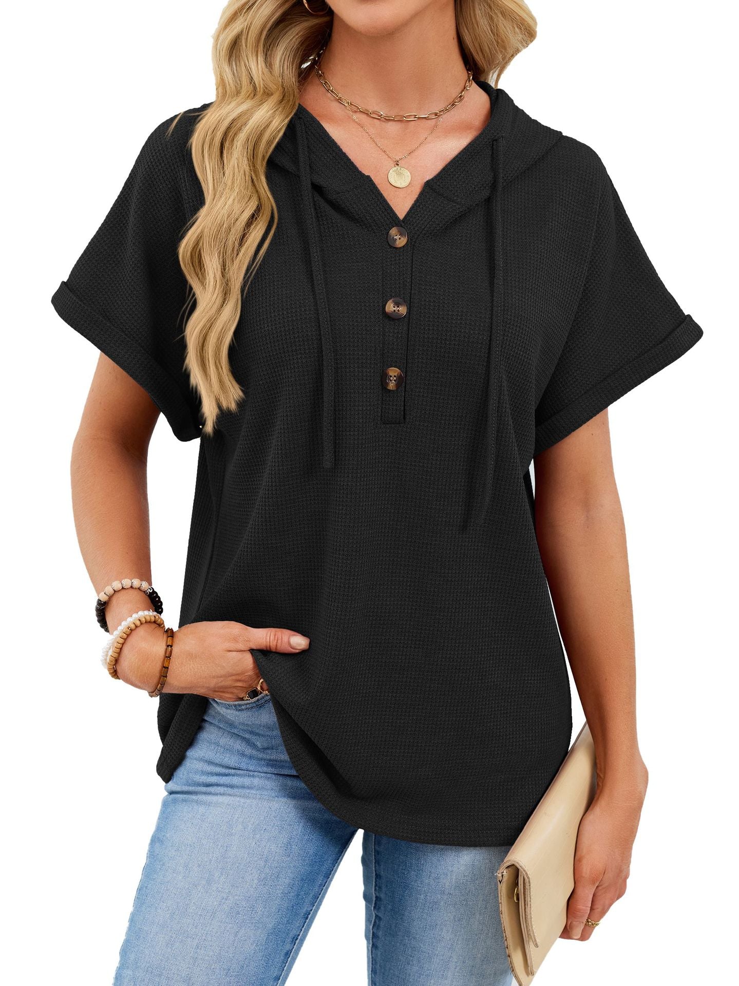Waffle Knit Hooded Short Sleeve Button Drawstring Top