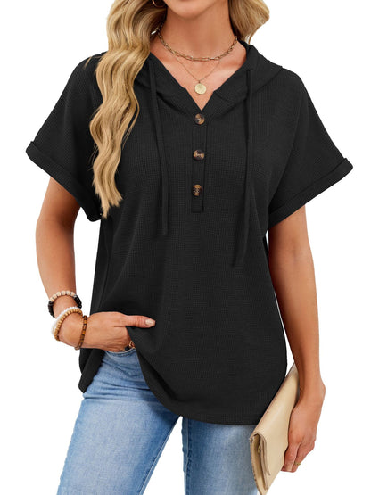 Waffle Knit Hooded Short Sleeve Button Drawstring Top