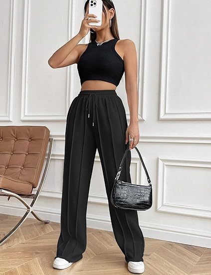 High Waist Cotton Wide Leg Drawstring Pants