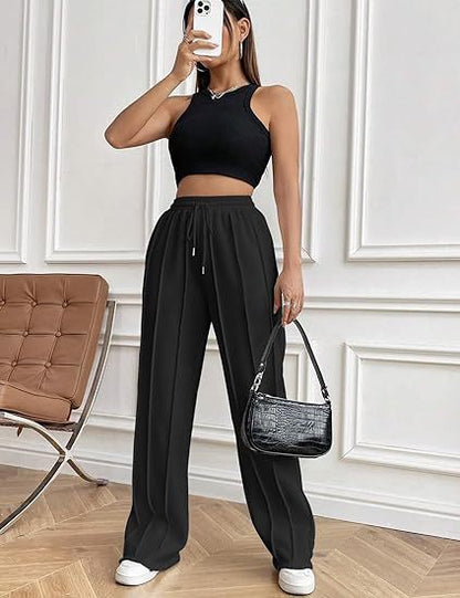 High Waist Cotton Wide Leg Drawstring Pants