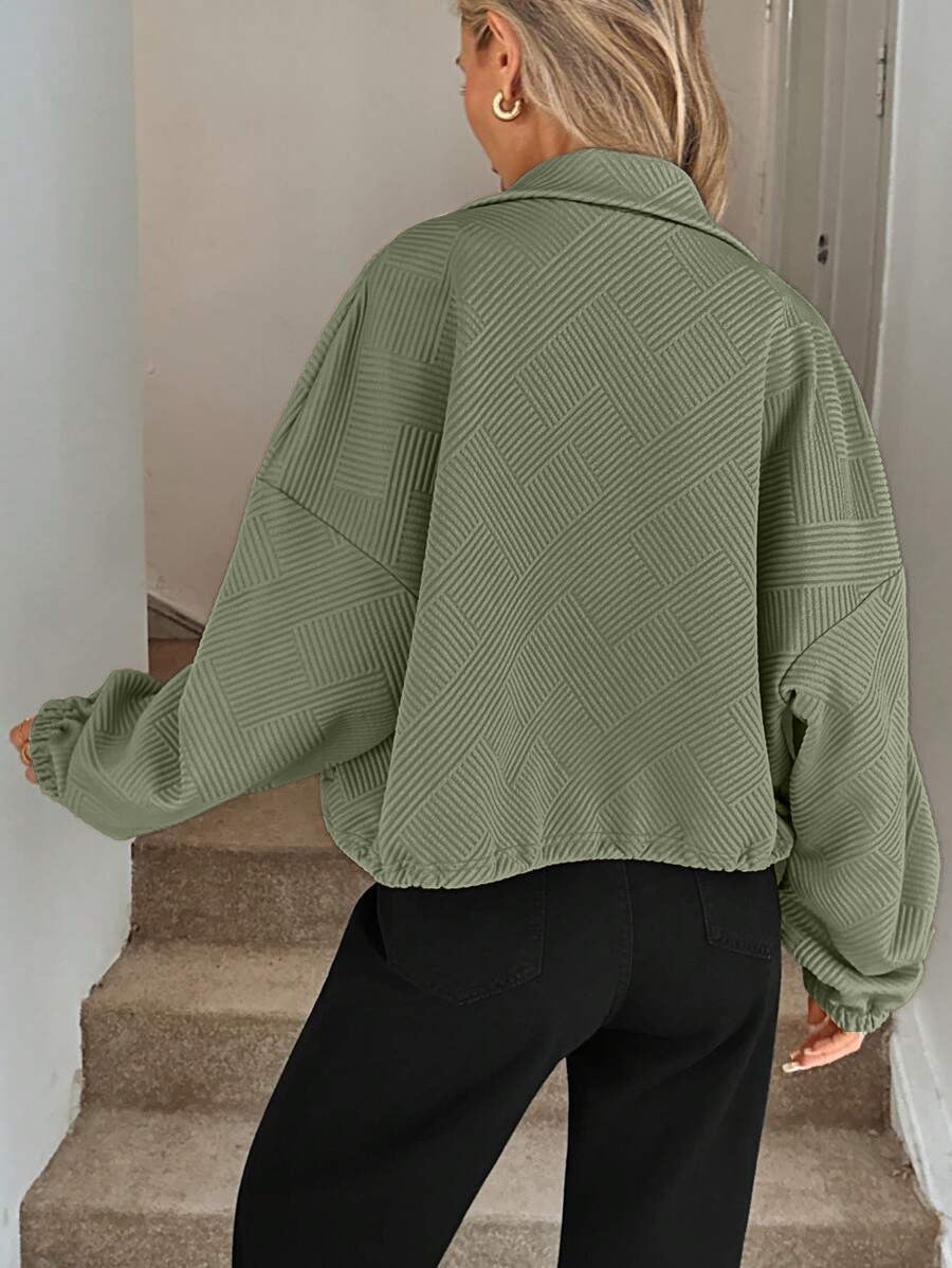 Textured Zip Up Bomber Jacket Drawstring Hem Casual Coat
