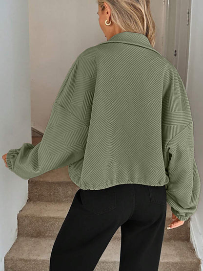 Textured Zip Up Bomber Jacket Drawstring Hem Casual Coat