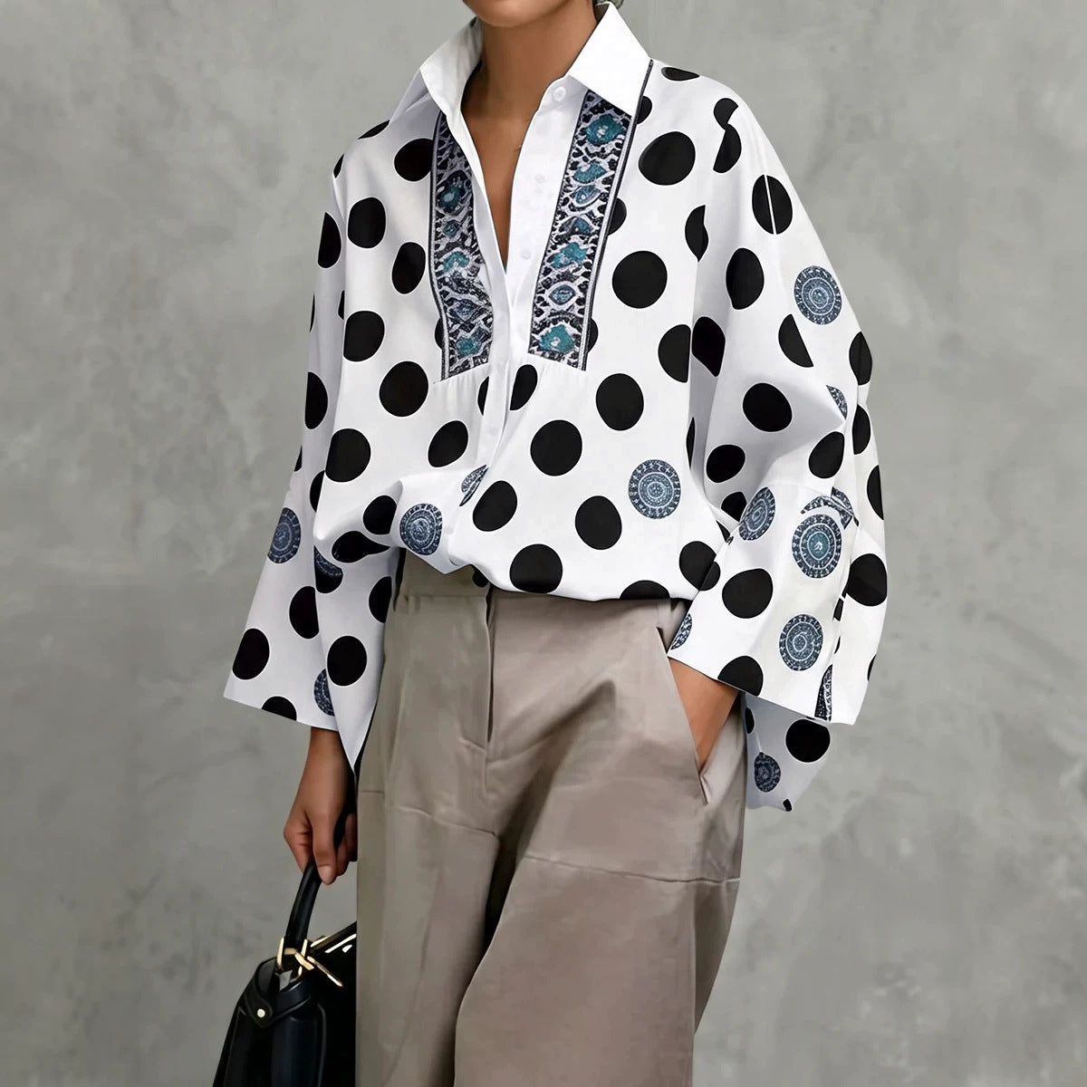 Polka Dot Collared Blouse Long Sleeve Loose Fit