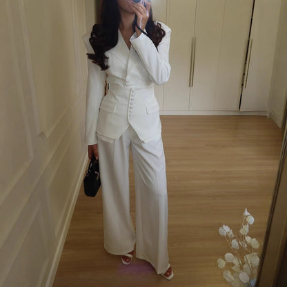 Women's V-Neck Blazer Wide Leg Pants Suit Set