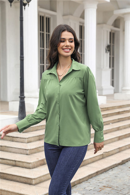 Women's Relaxed Puff Sleeve Button Down Shirt Blouse