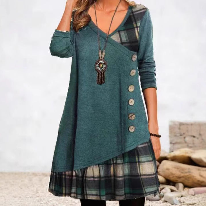 Women's Plaid Patchwork V-Neck Button Long Sleeve Dress