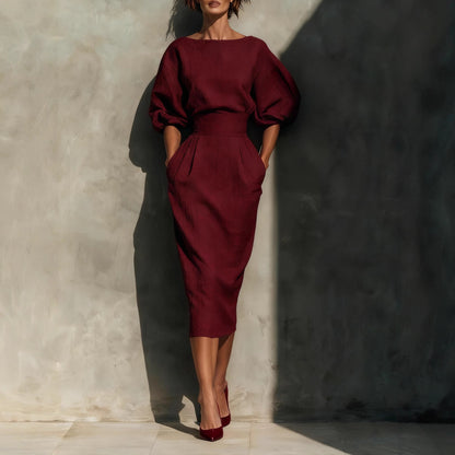 Women's Vintage Boat Neck Puff Sleeve Midi Dress