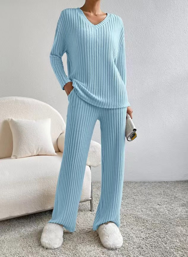 Women's 2 Piece Ribbed Knit V Neck Wide Leg Pants Set