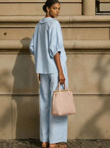 Women's Puff Sleeve Collared Shirt Wide Leg Pants Set