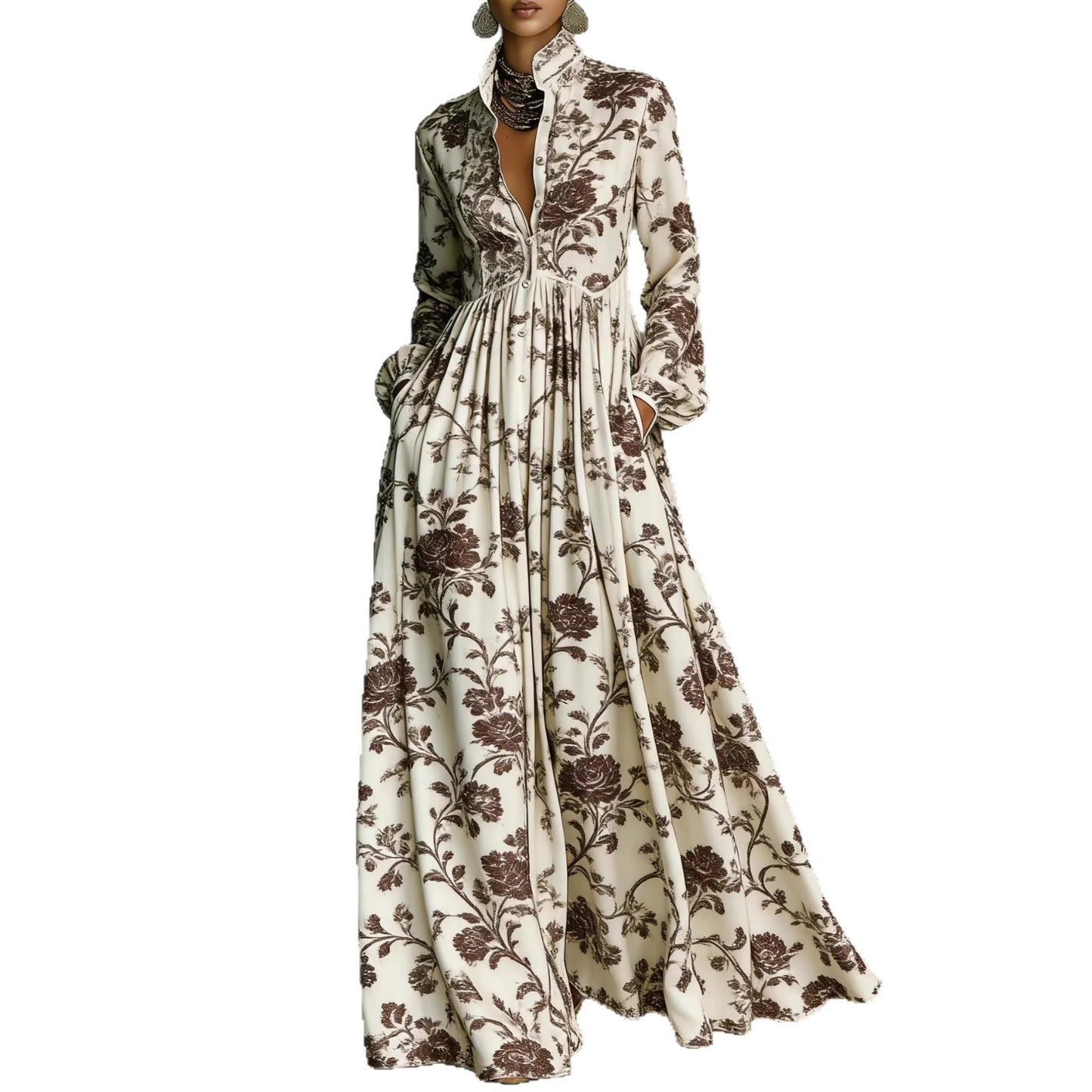 Vintage Floral Maxi Dress Long Sleeve Button Down Pockets