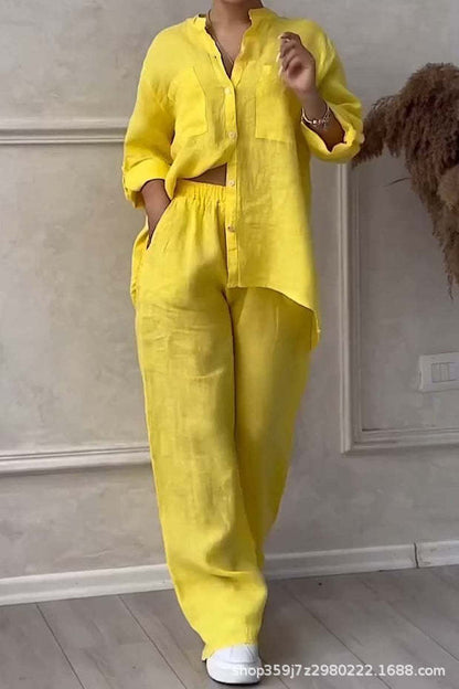 Women's Linen Shirt and Wide Leg Pants Matching Set