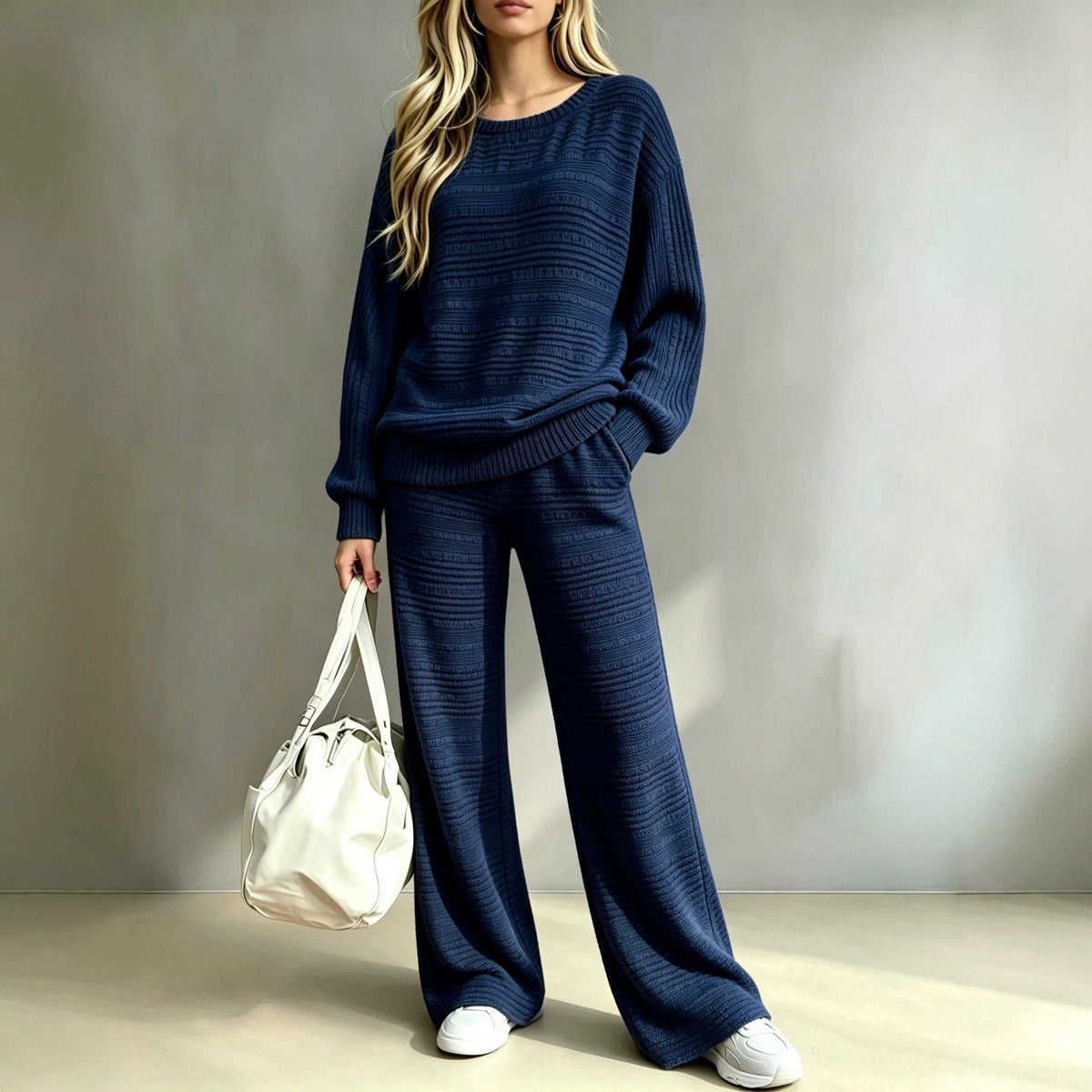 Women's Ribbed Knit Lounge Set Wide Leg Pants