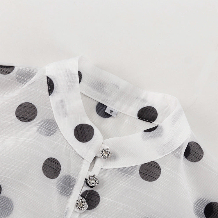 Polka Dot Ruffle Stand Collar Blouse Tie Waist Long Sleeve