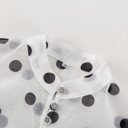 Polka Dot Ruffle Stand Collar Blouse Tie Waist Long Sleeve