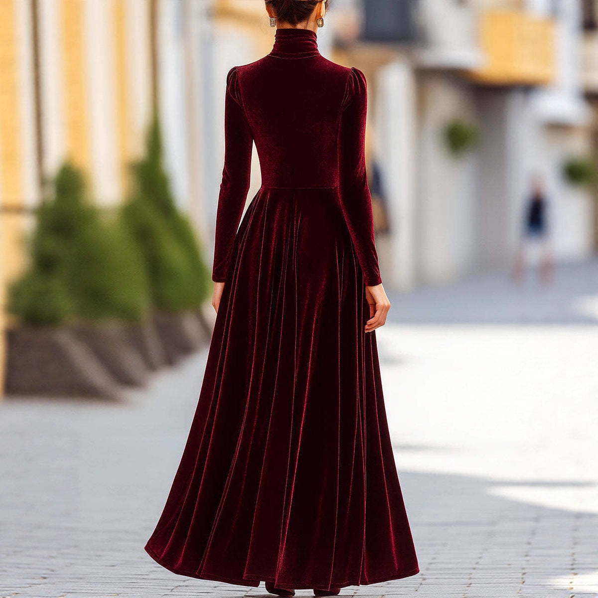 Velvet Turtleneck Puff Sleeve Maxi Dress