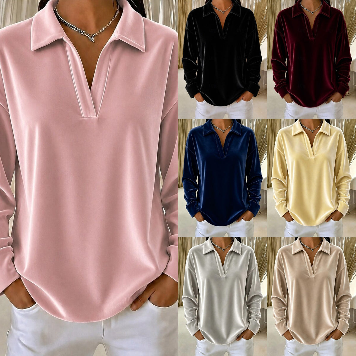 Women's Velvet Collared V-Neck Long Sleeve Casual Top