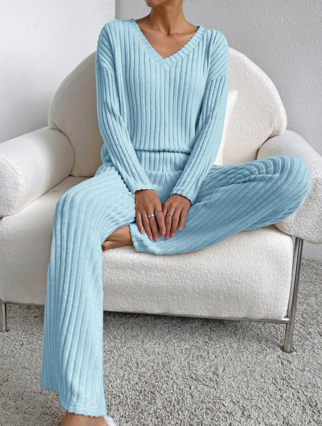 Women's Ribbed Knit V Neck Lounge Set Straight Leg Pants