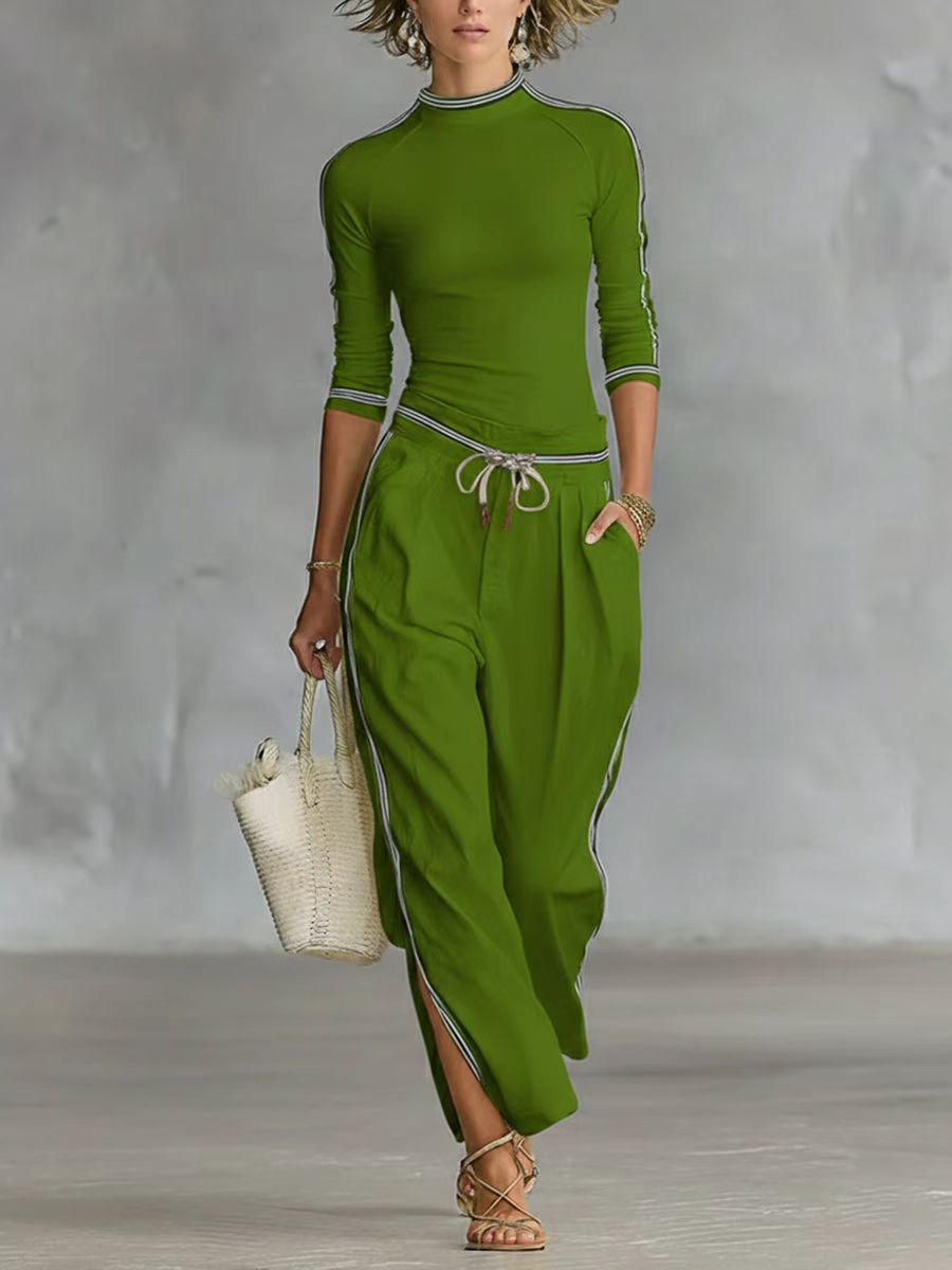 Women's Mock Neck 2 Piece Set Striped Wide Leg Pants
