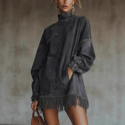 Faux Suede Fringe Dress Mock Neck Long Sleeve Pockets